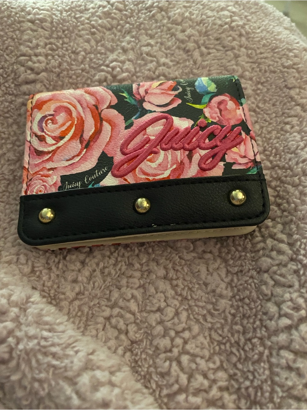 Juicy Couture Pink Floral Embroidered card holder with Black Trim and Gold Studs